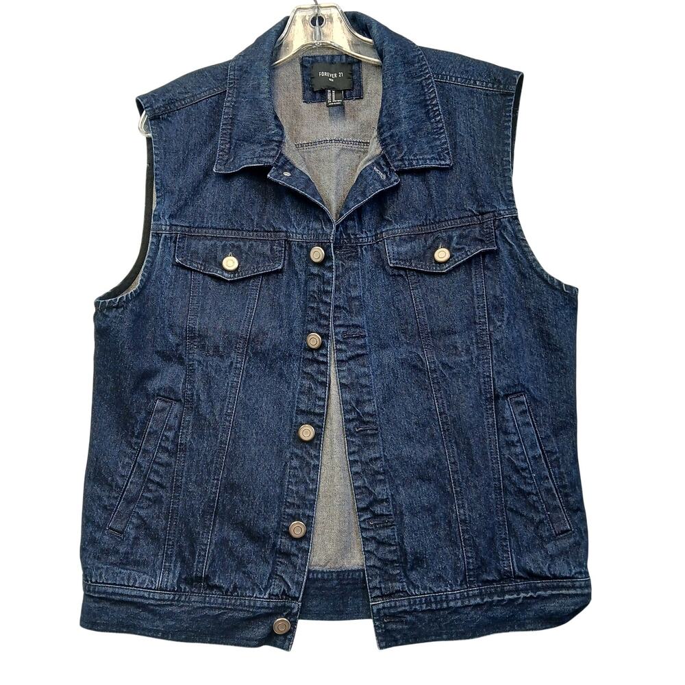 Forever 21 Men Blue Denim Vest Medium Button Up Dark Wash Jean Waistcoat